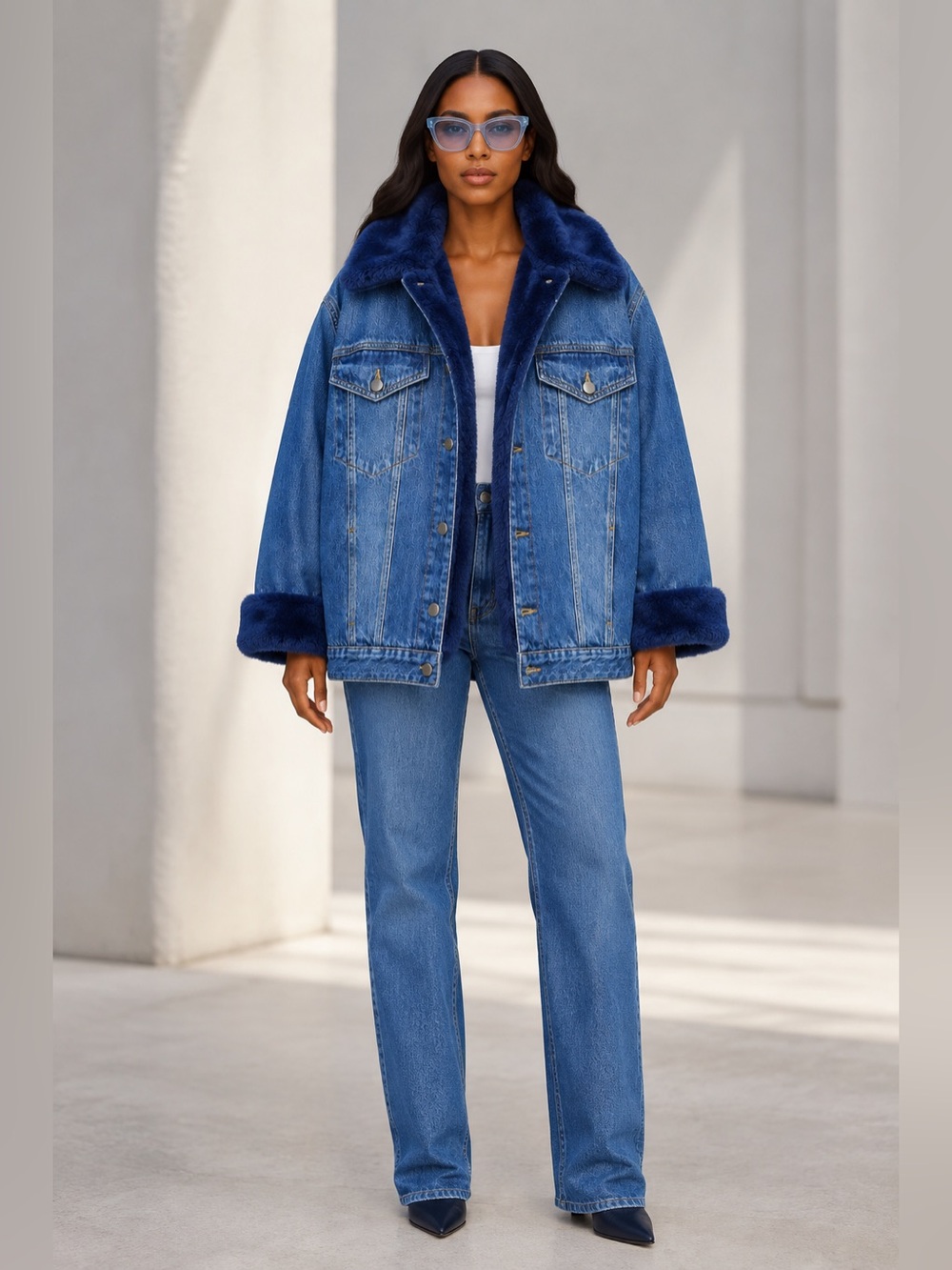FRAME Le Curly Faux Fur Lined Oversized Denim Jacket Blue Size L